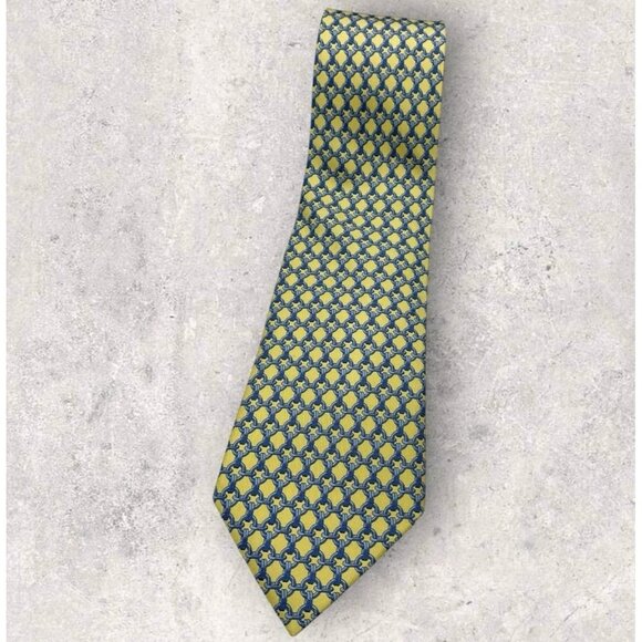 HERMÈS 59 EA Silk Tie FRANCE XL Yellow Blue Geometric W:3.7" EUC - Picture 1 of 6